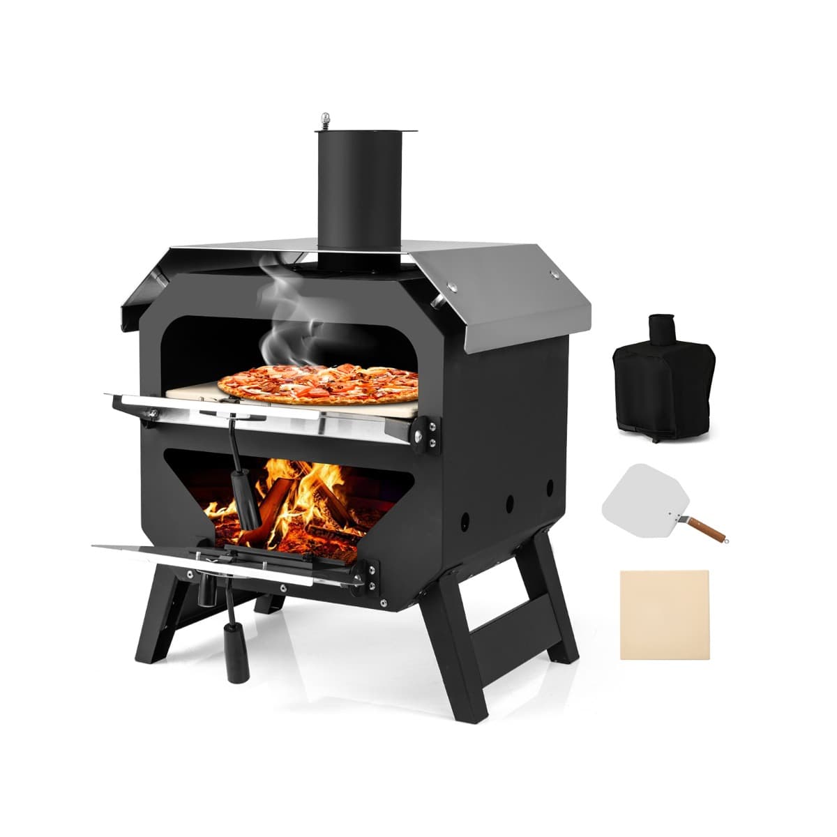 CostwayFour à Pizza d'Extérieur Portable à Bois avec Pierre à Pizza Pelle & Housse en Tissu Oxford Four à Pizza avec Toit en Acier Inoxydable Noir